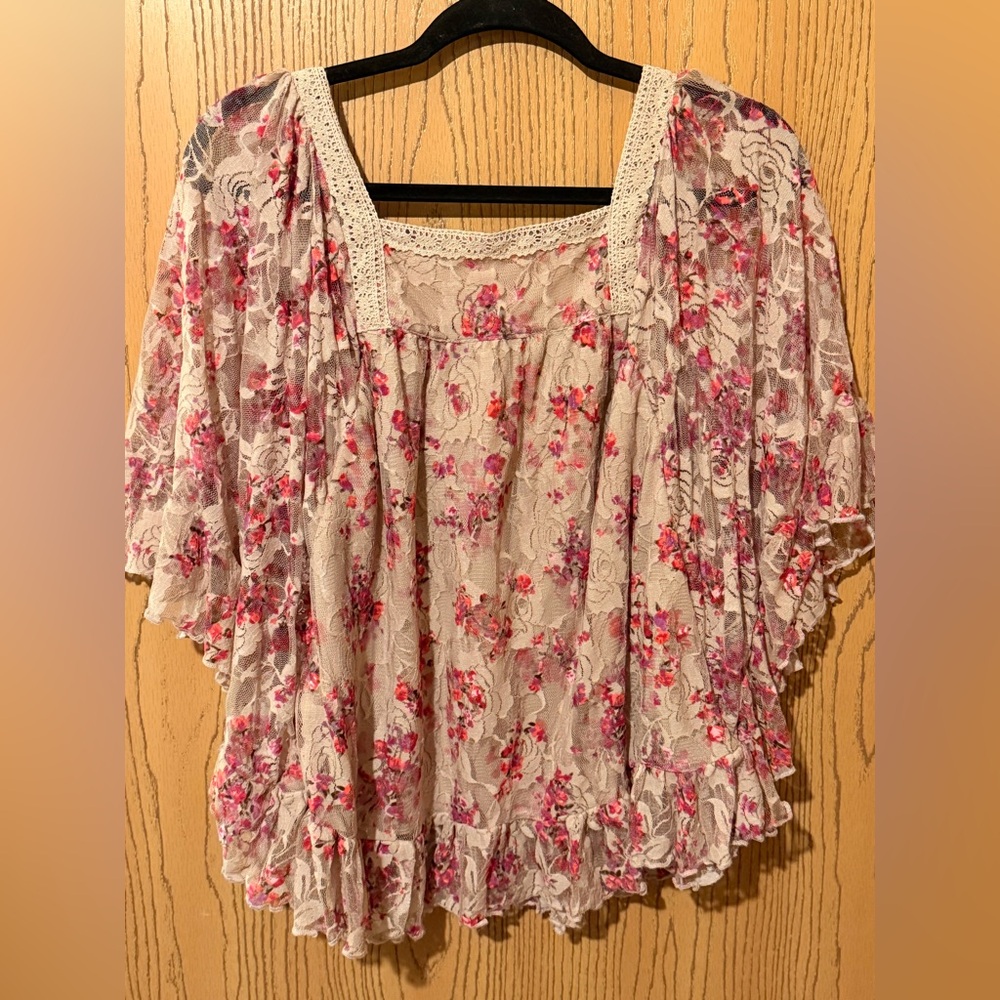 NY Collection Floral Lace Blouse - Cream and Pink - Picture 4 of 4